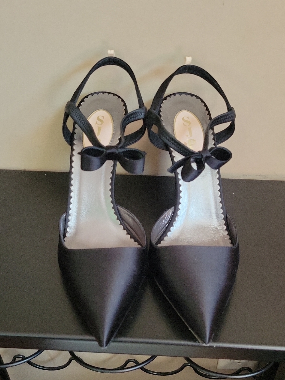 SJP by Sarah Jessica Parker Black Satin Pointed-Toe Bow Slingbacks